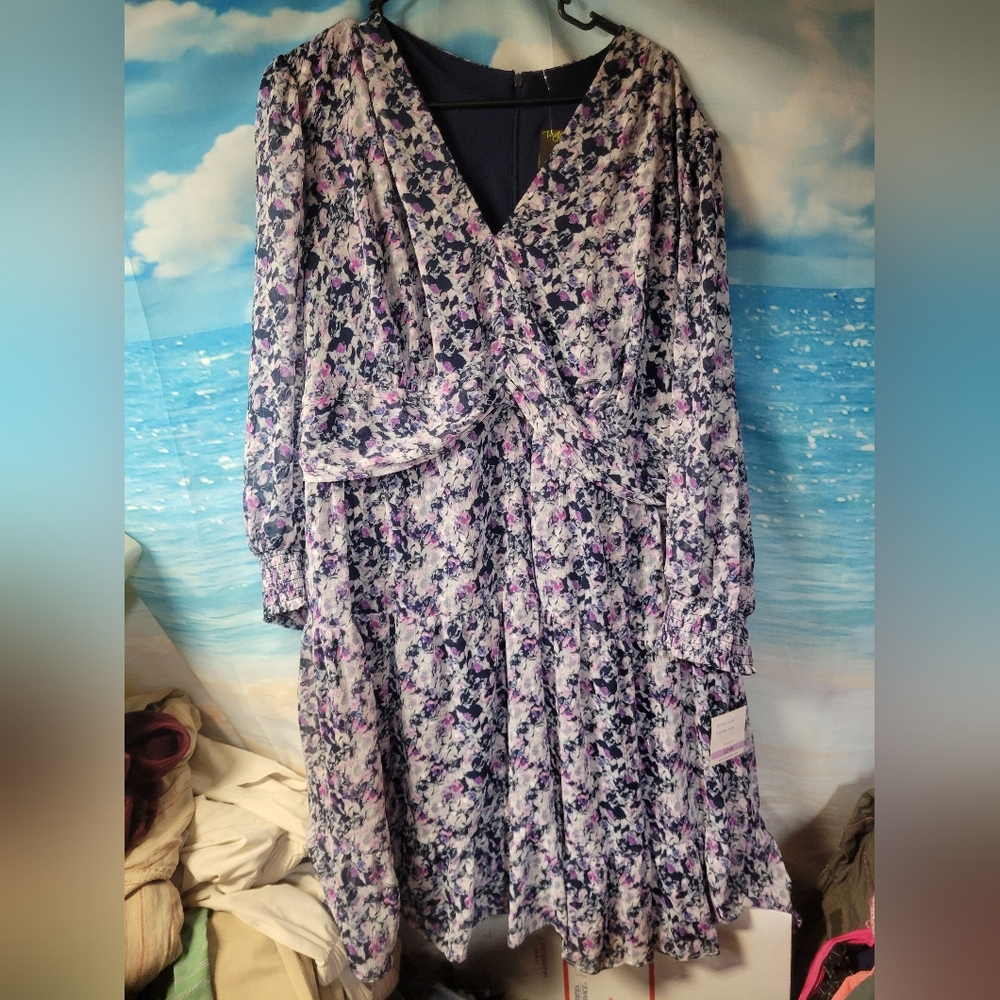 Taylor NWT Women's Plus Size 22W Purple Floral V Neck Long Sleeve‎ Dress New